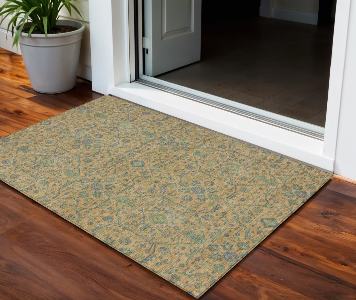 3 X 5 Orange Blue And Green Floral Washable Indoor Outdoor Area Rug
