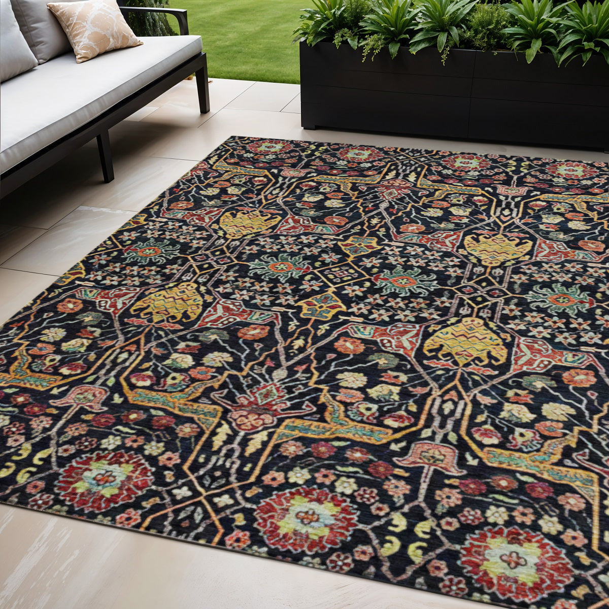 5 X 8 Black Red And Gold Floral Washable Indoor Outdoor Area Rug