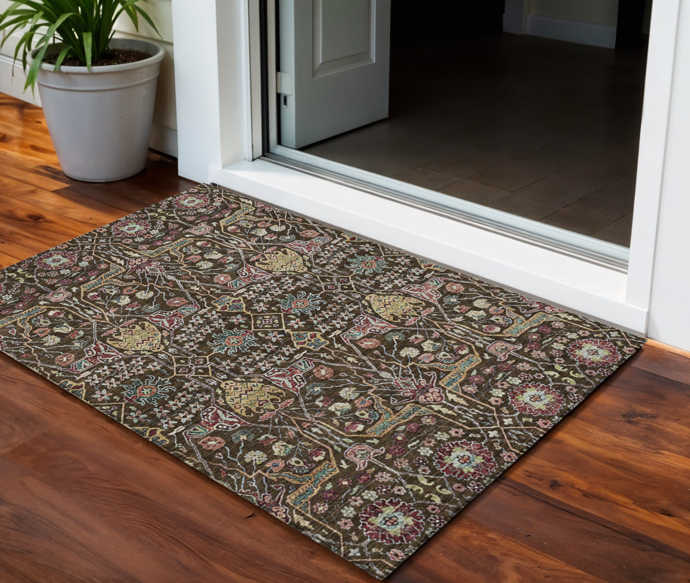 3 X 5 Chocolate Red And Gold Floral Washable Indoor Outdoor Area Rug