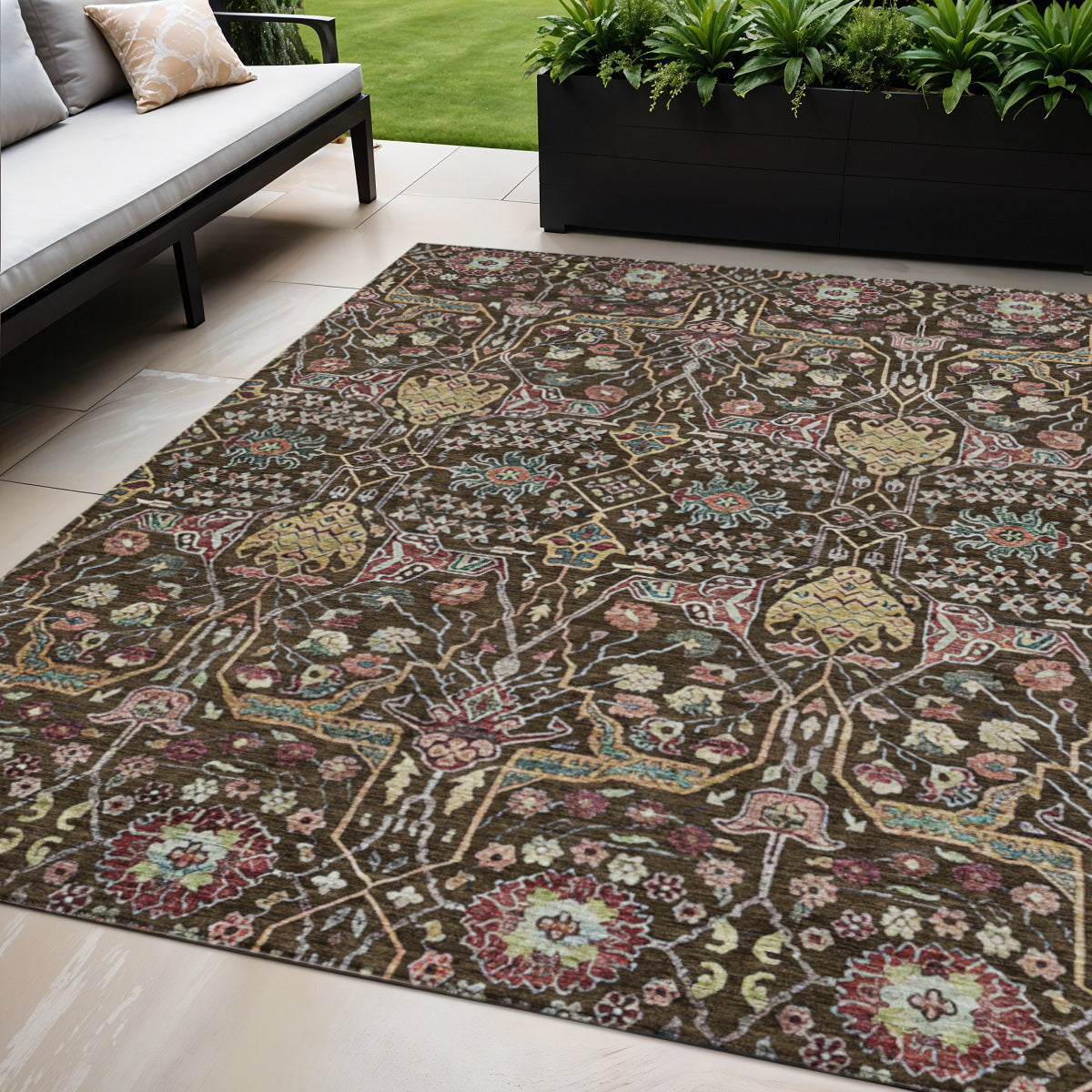 5 X 8 Chocolate Red And Gold Floral Washable Indoor Outdoor Area Rug