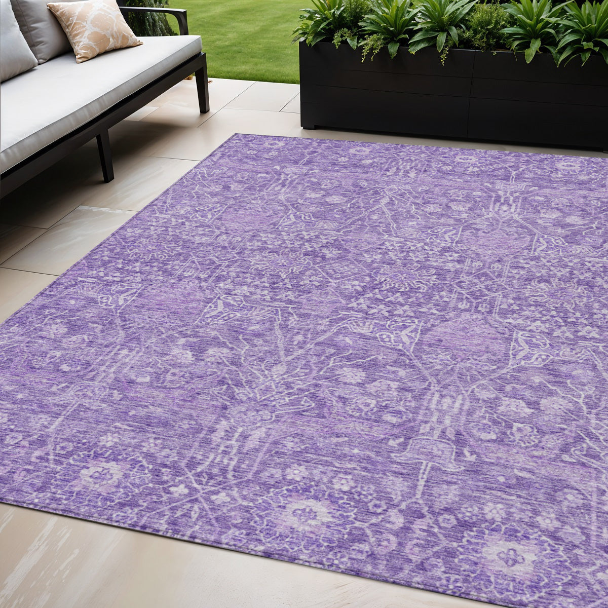 5 X 8 Plum And Lavender Floral Washable Indoor Outdoor Area Rug