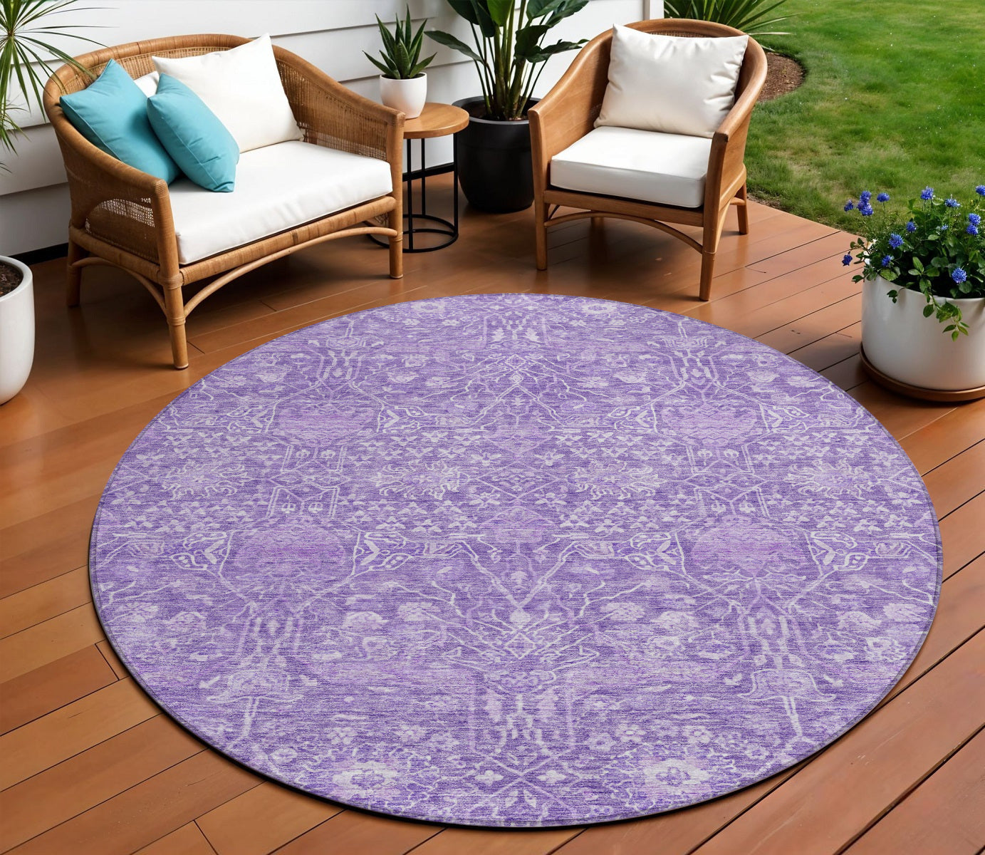 8 Plum And Lavender Round Floral Washable Indoor Outdoor Area Rug