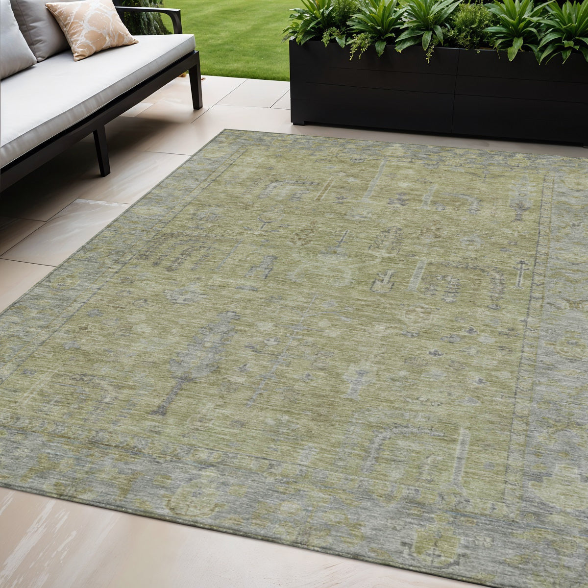 5 X 8 Artichoke Green And Gray Oriental Washable Indoor Outdoor Area Rug