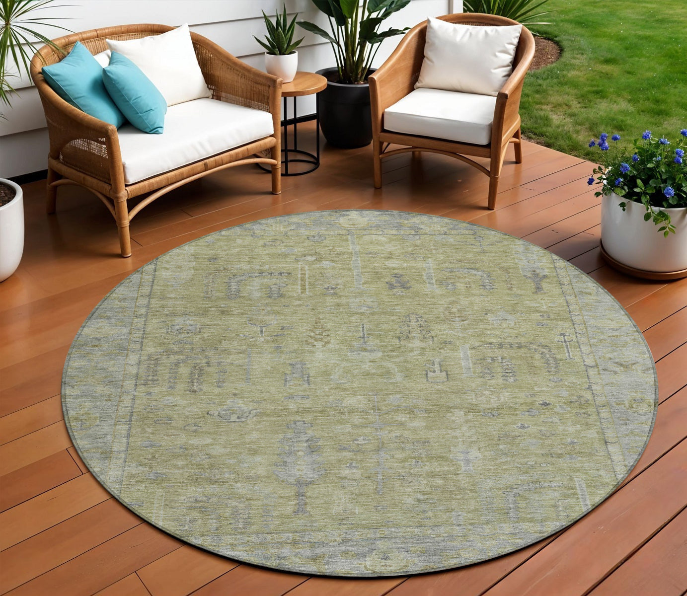 8 Artichoke Green And Gray Round Oriental Washable Indoor Outdoor Area Rug