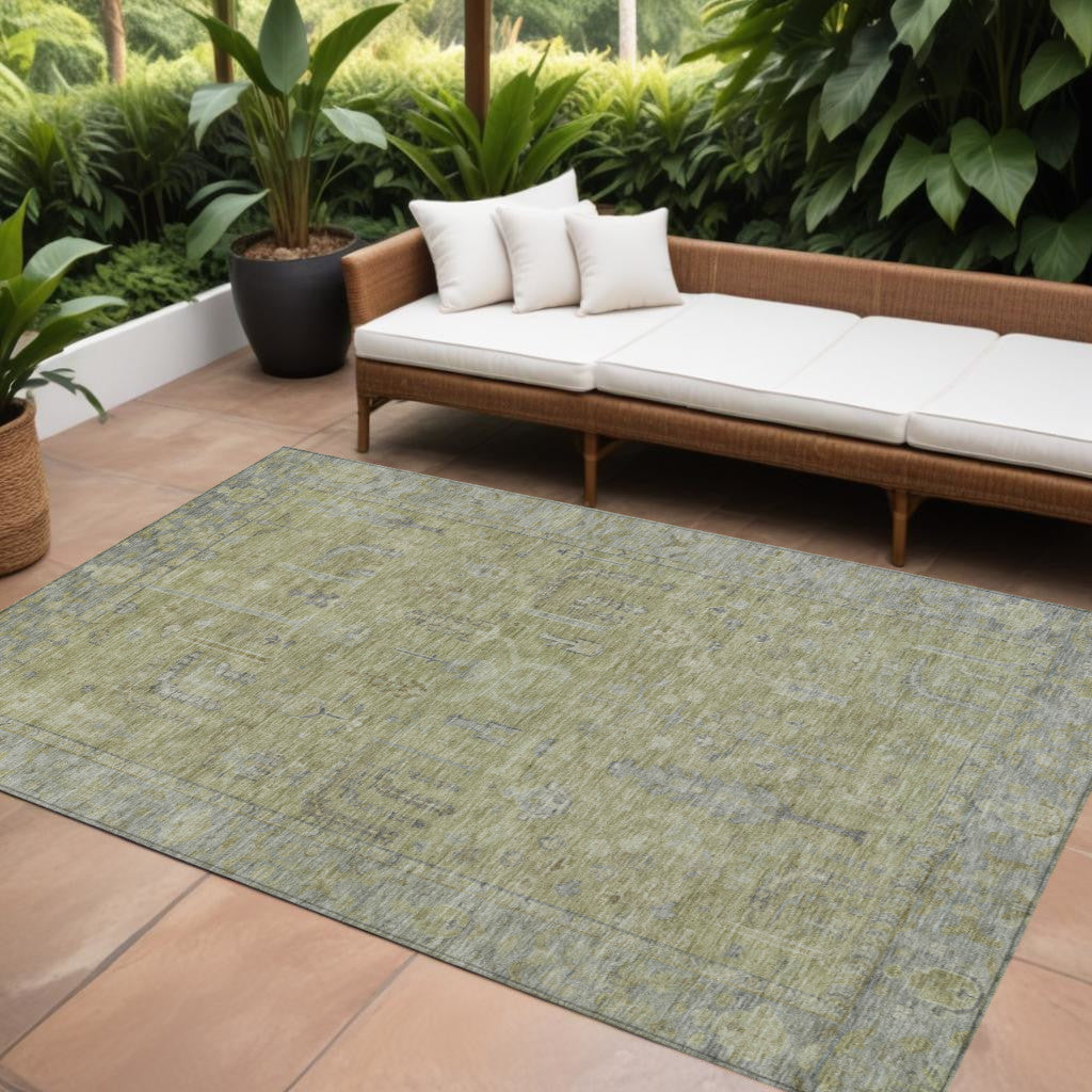 8 X 10 Artichoke Green And Gray Oriental Washable Indoor Outdoor Area Rug
