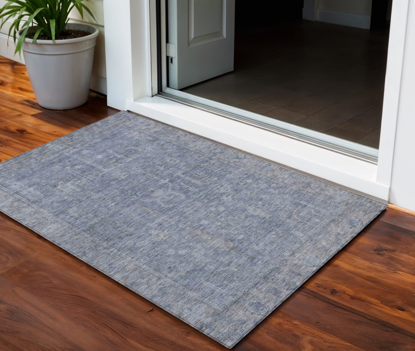 3 X 5 Denim Blue And Gray Oriental Washable Indoor Outdoor Area Rug