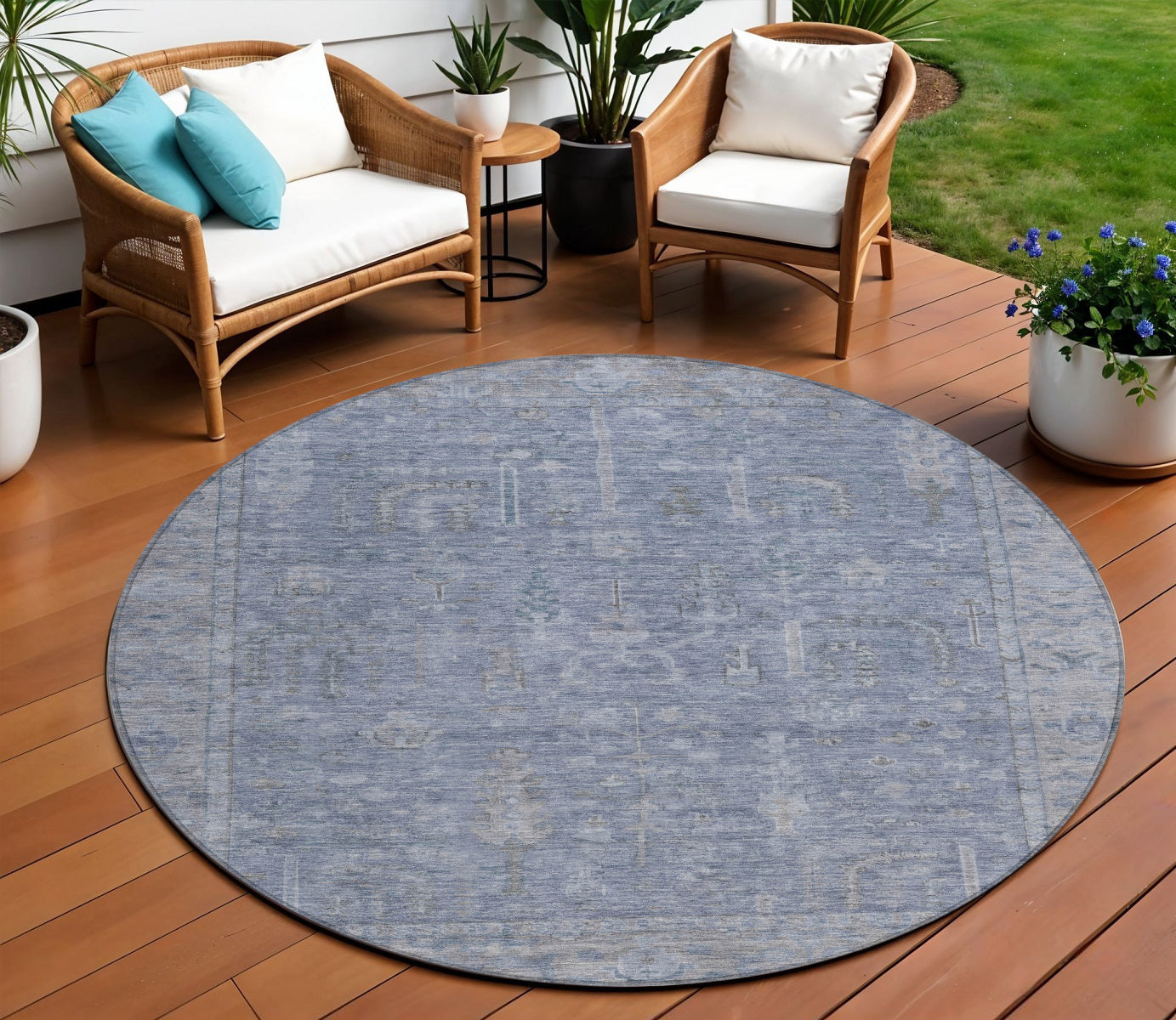 8 Denim Blue And Gray Round Oriental Washable Indoor Outdoor Area Rug