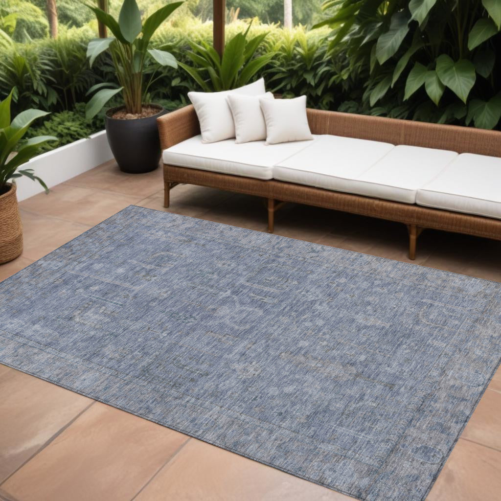 9 X 12 Denim Blue And Gray Oriental Washable Indoor Outdoor Area Rug
