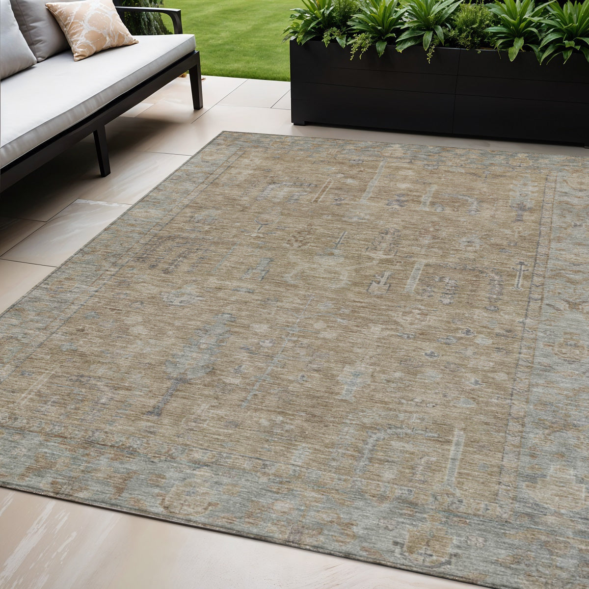 5 X 8 Tan Gray And Brown Oriental Washable Indoor Outdoor Area Rug