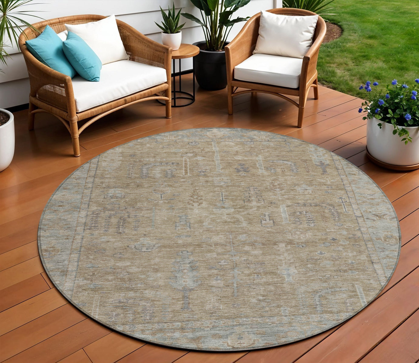 8 Tan Gray And Brown Round Oriental Washable Indoor Outdoor Area Rug
