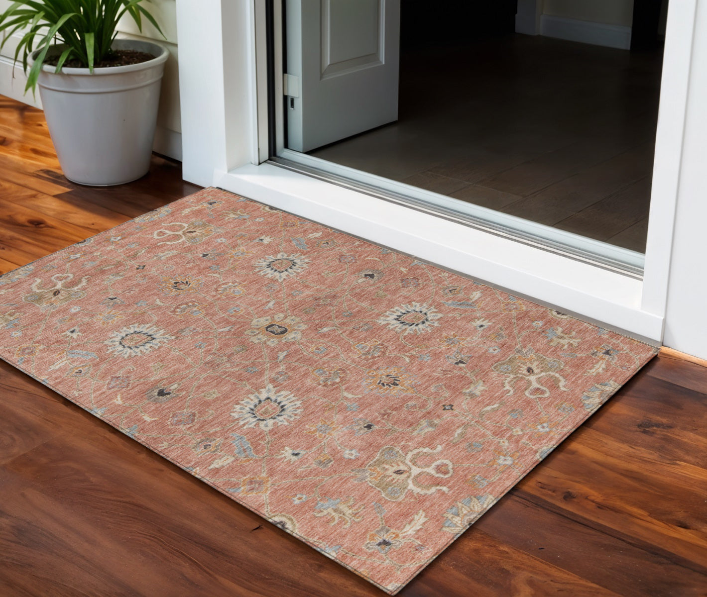 3 X 5 Pink Gray And Beige Floral Washable Indoor Outdoor Area Rug