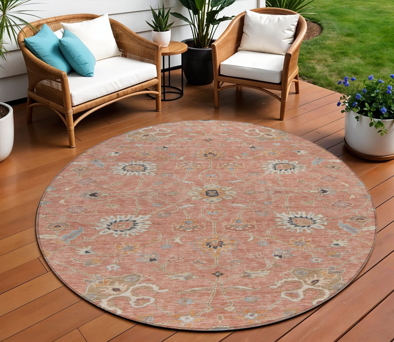 8 Pink Gray And Beige Round Floral Washable Indoor Outdoor Area Rug