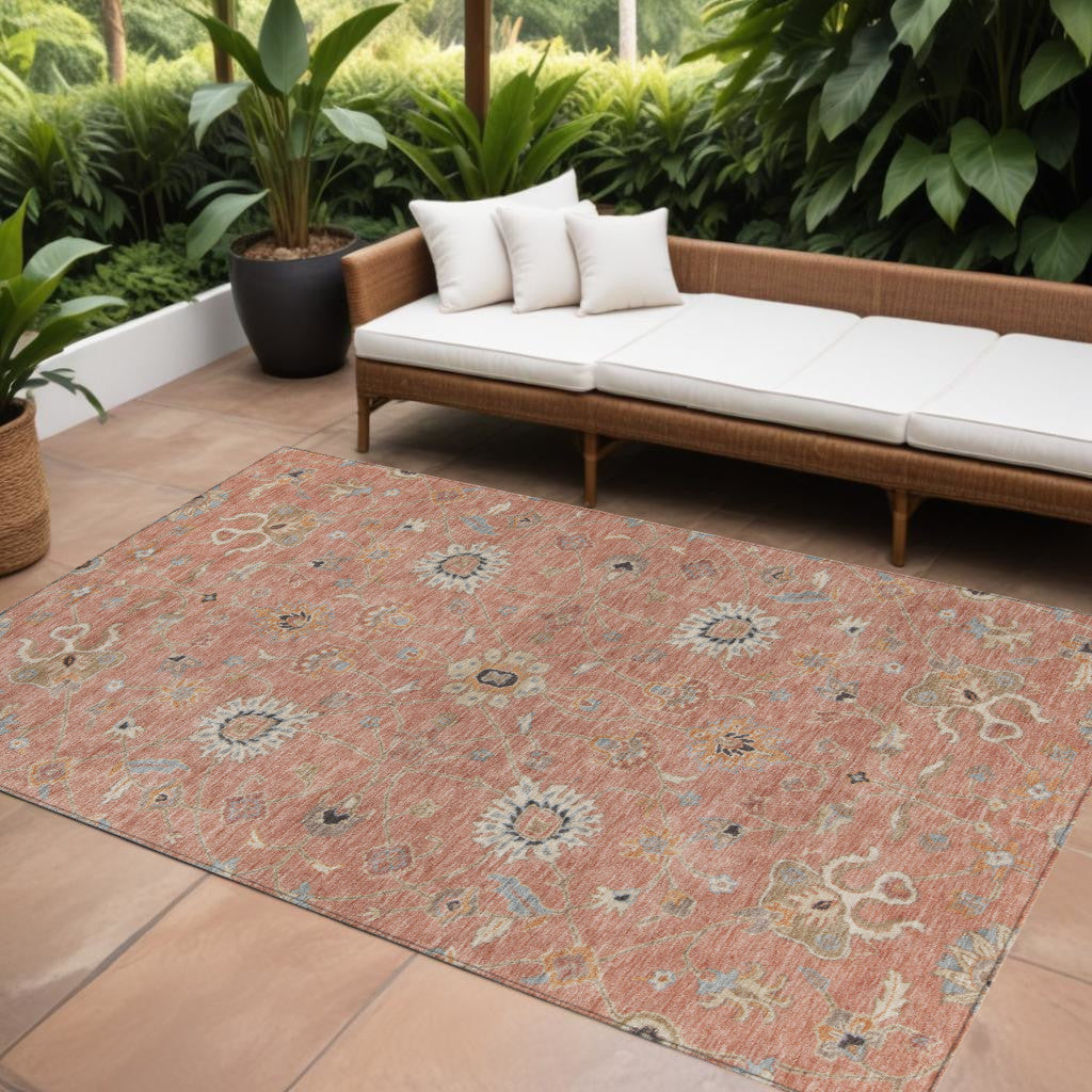 8 X 10 Pink Gray And Beige Floral Washable Indoor Outdoor Area Rug