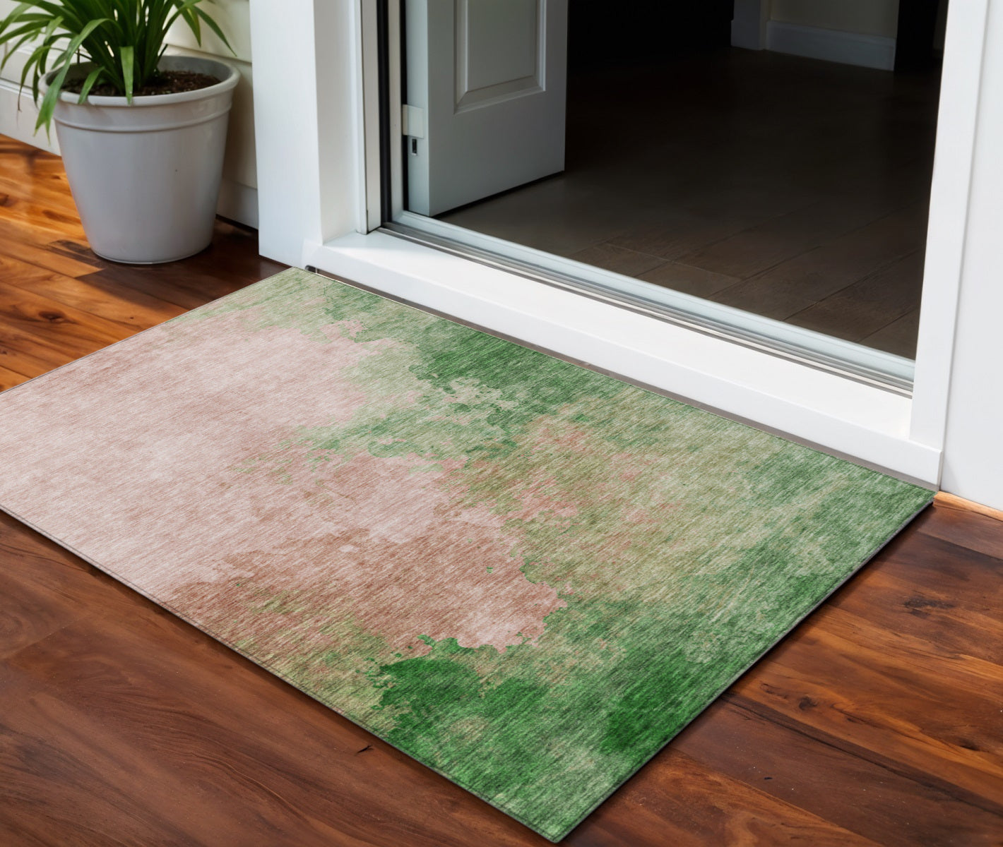 3 X 5 Pink And Green Abstract Washable Indoor Outdoor Area Rug