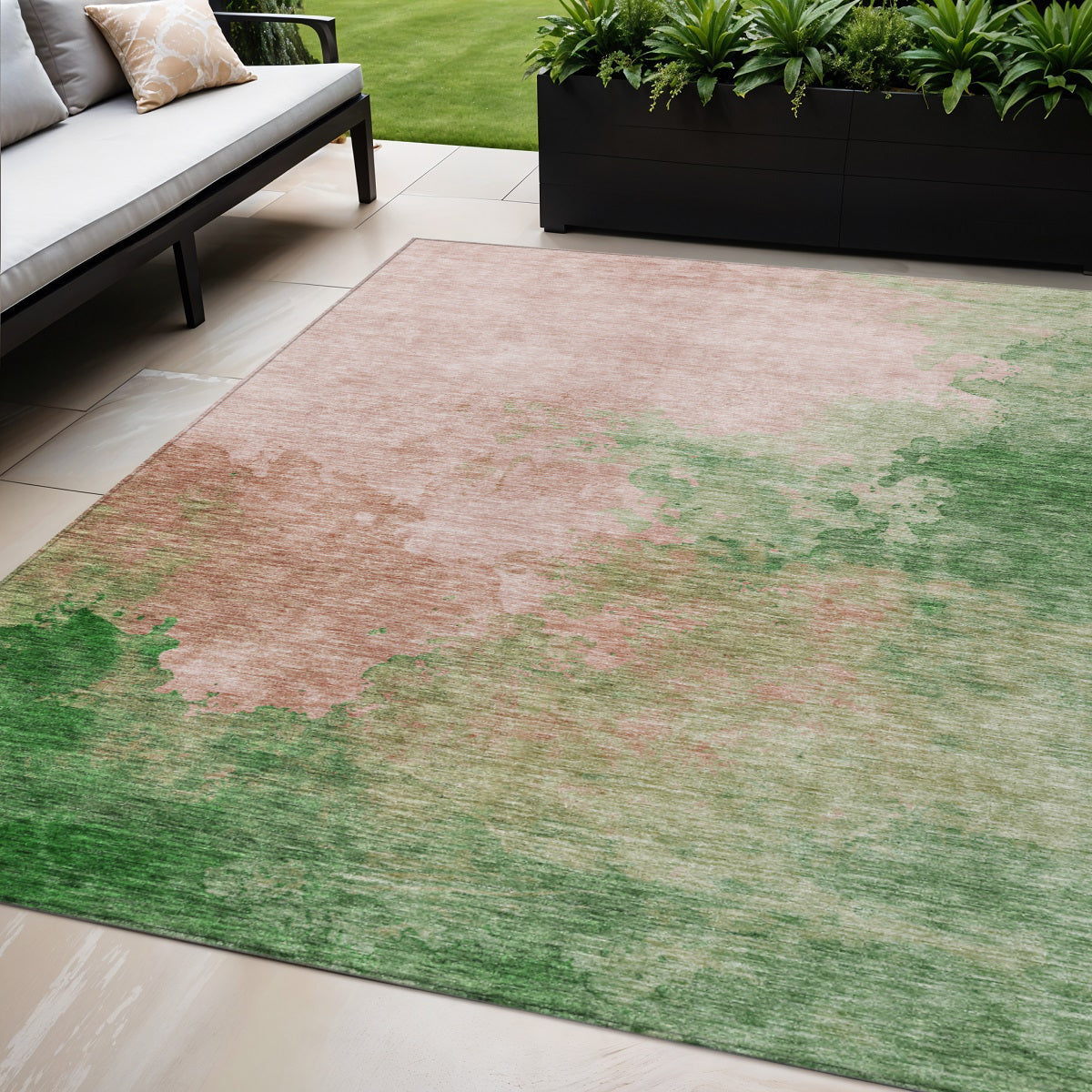 5 X 8 Pink And Green Abstract Washable Indoor Outdoor Area Rug