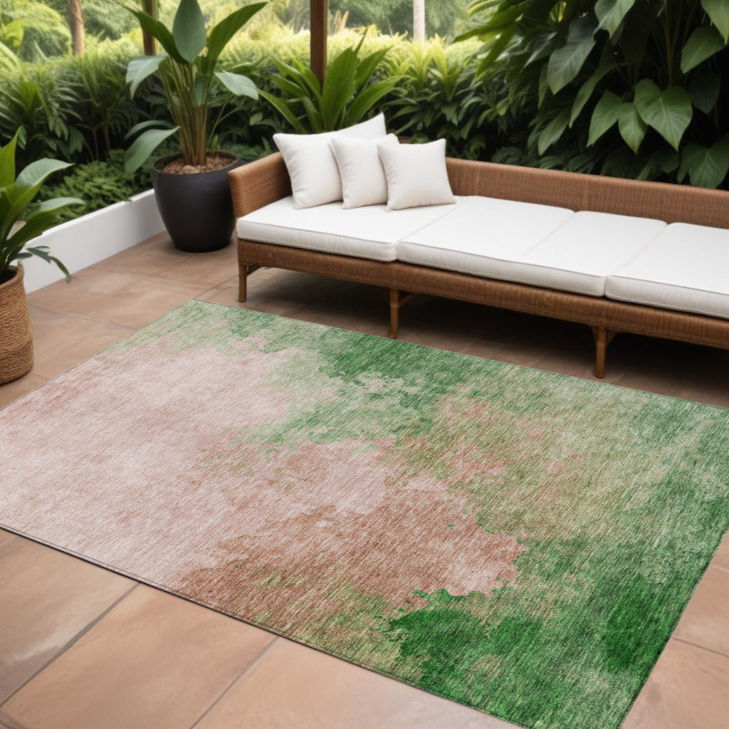 10 X 14 Pink And Green Abstract Washable Indoor Outdoor Area Rug