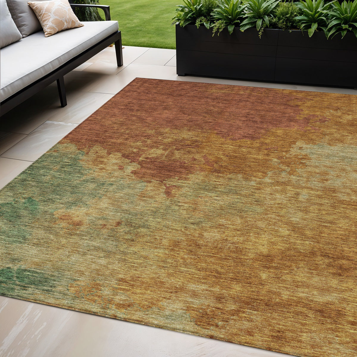 5 X 8 Terra Cotta Copper And Green Abstract Washable Indoor Outdoor Area Rug