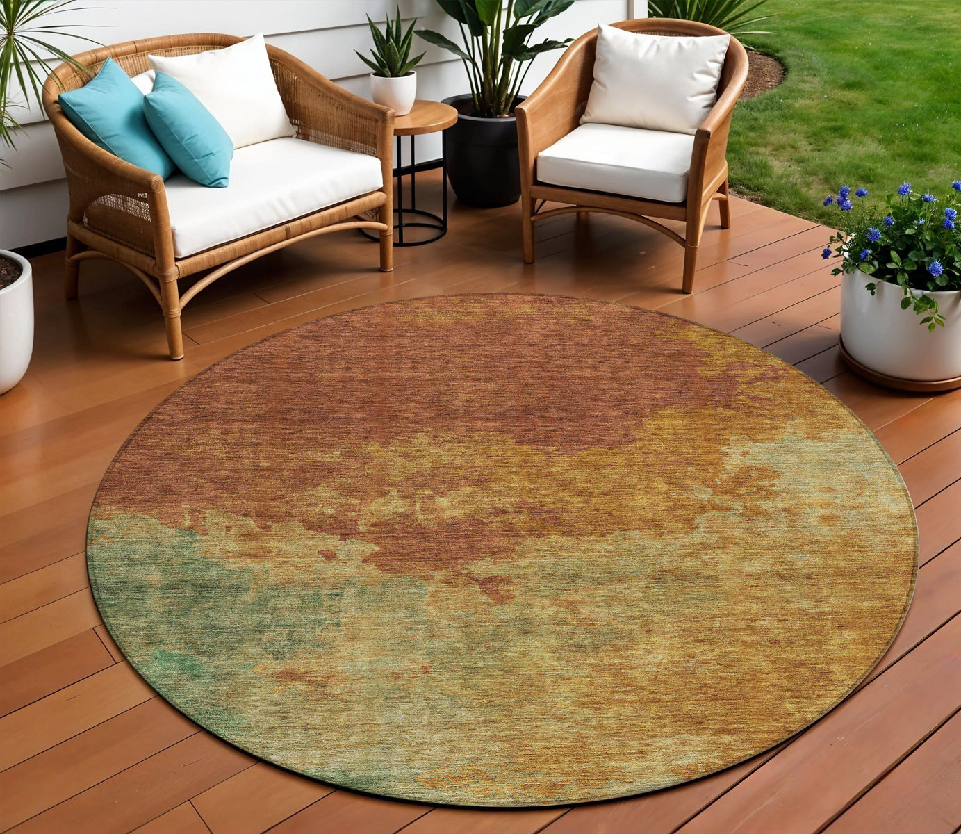 8 Terra Cotta Copper And Green Round Abstract Washable Indoor Outdoor Area Rug