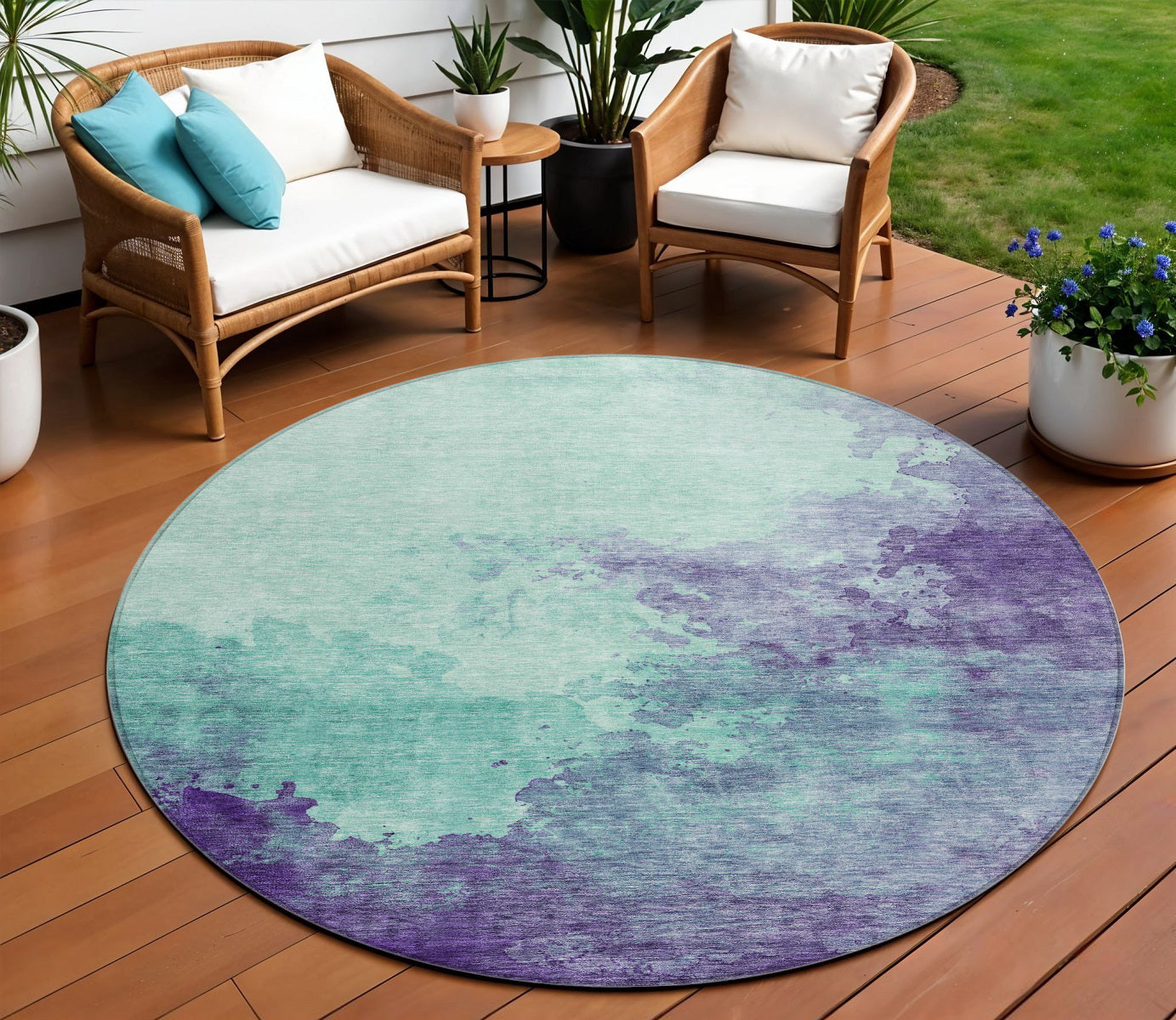 8 Blue And Purple Round Abstract Washable Indoor Outdoor Area Rug