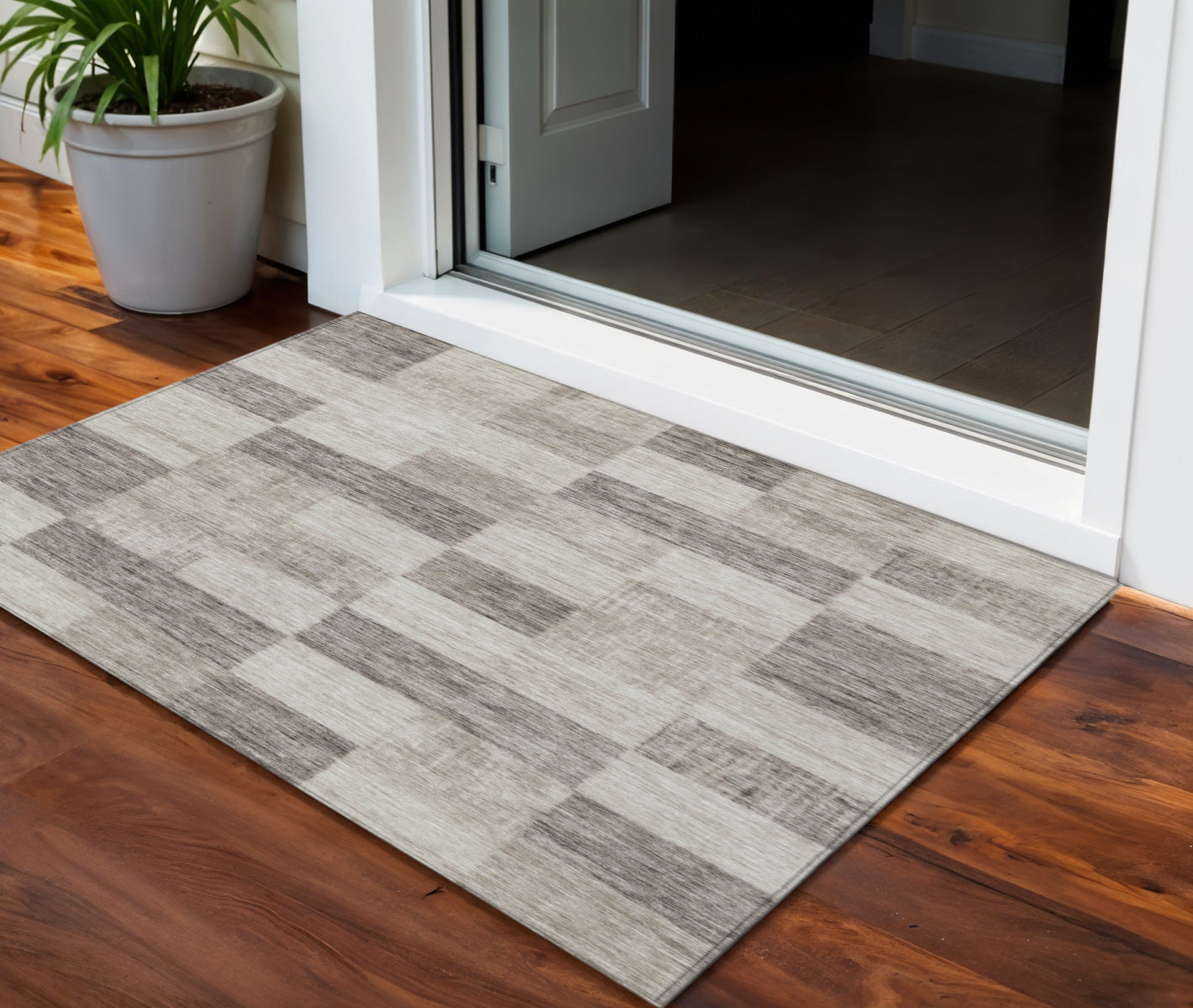 3 X 5 Beige And Gray Geometric Washable Indoor Outdoor Area Rug