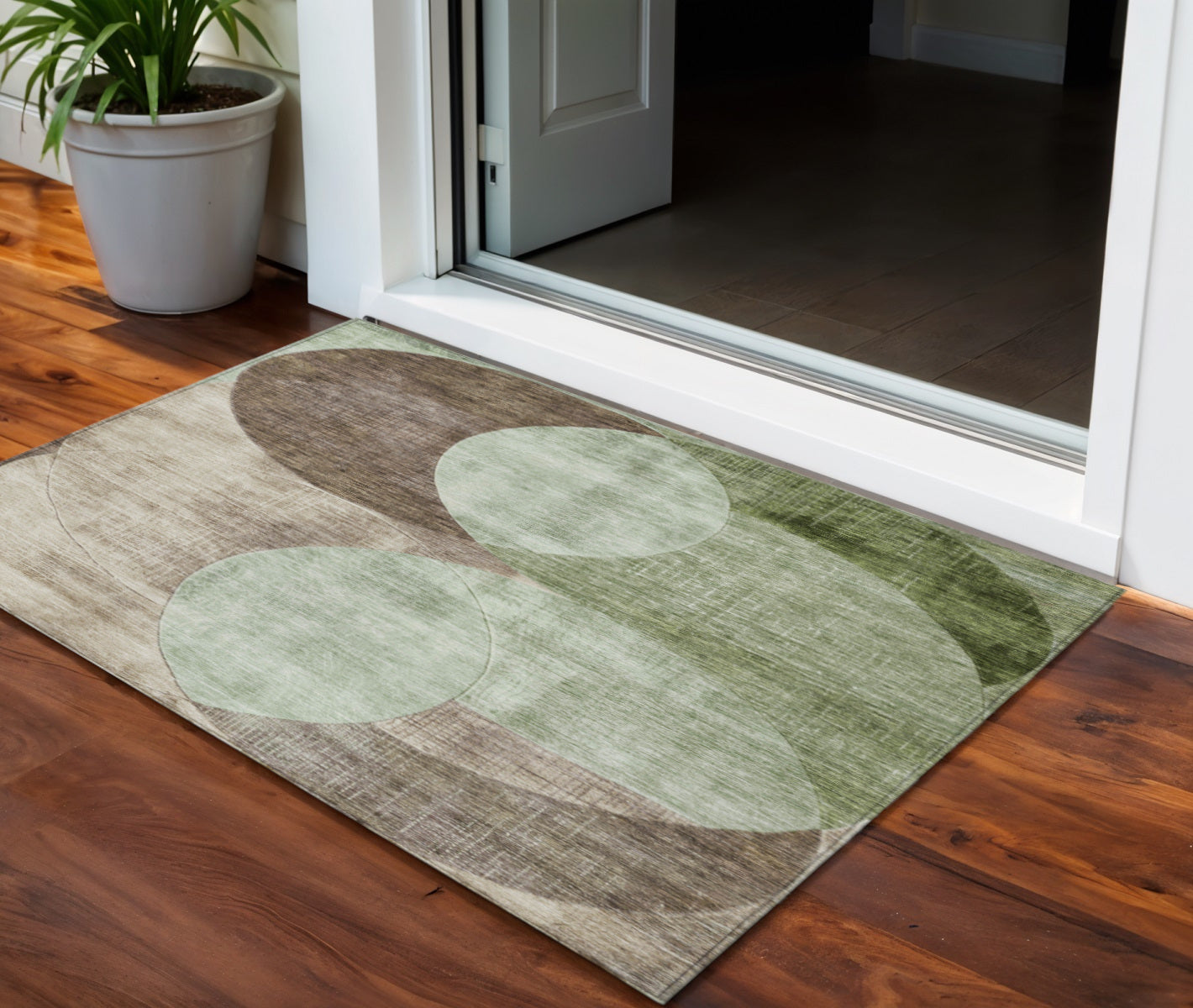 3 X 5 Artichoke Green Brown And Beige Geometric Washable Indoor Outdoor Area Rug