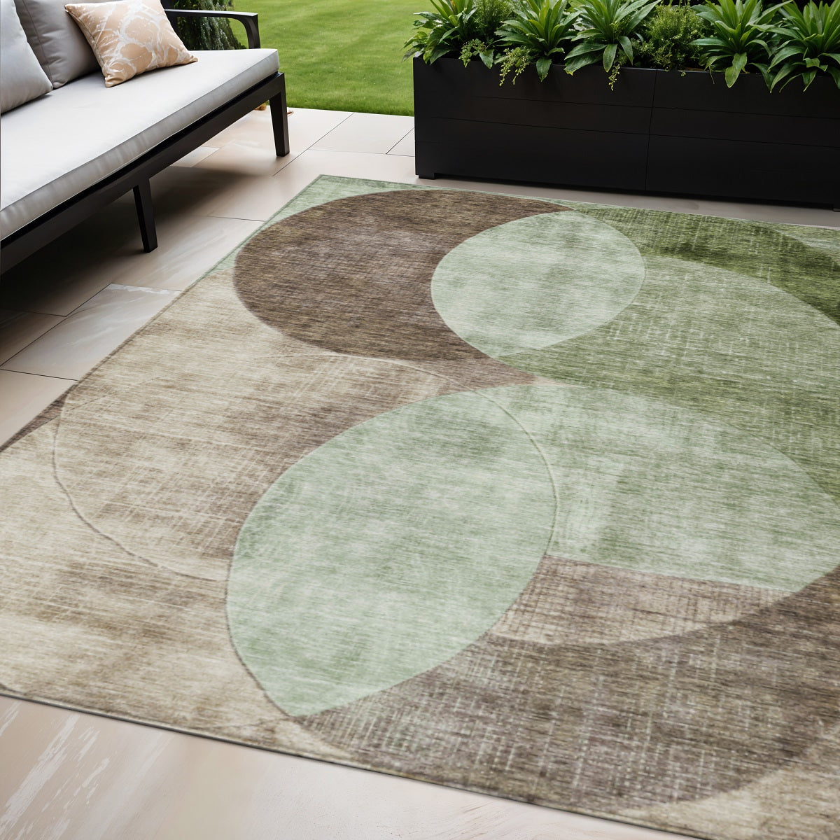 5 X 8 Artichoke Green Brown And Beige Geometric Washable Indoor Outdoor Area Rug