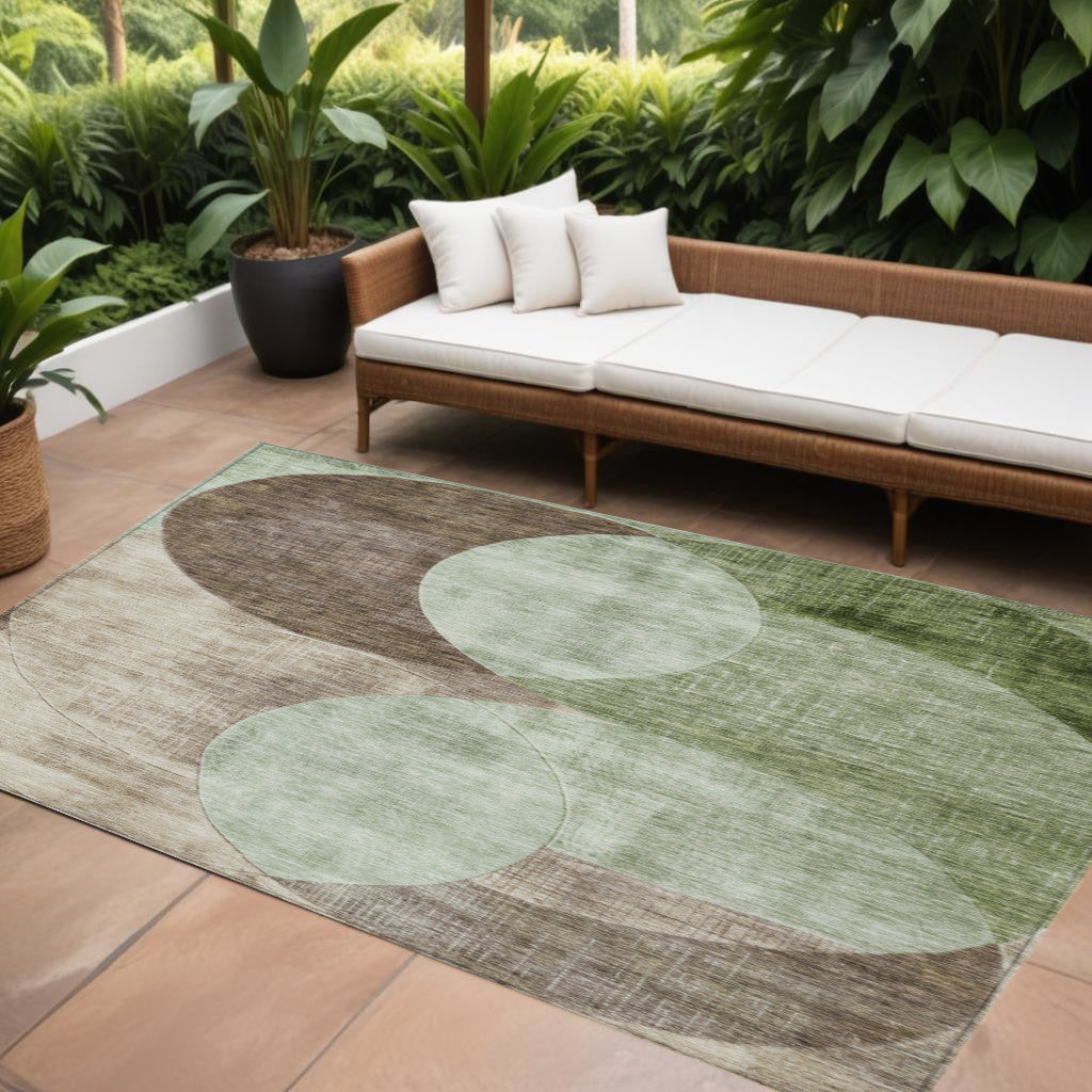 10 X 14 Artichoke Green Brown And Beige Geometric Washable Indoor Outdoor Area Rug