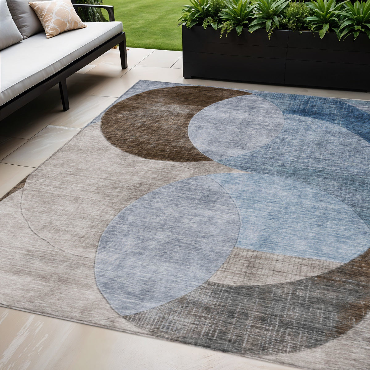 5 X 8 Denim Blue Brown And Beige Geometric Washable Indoor Outdoor Area Rug