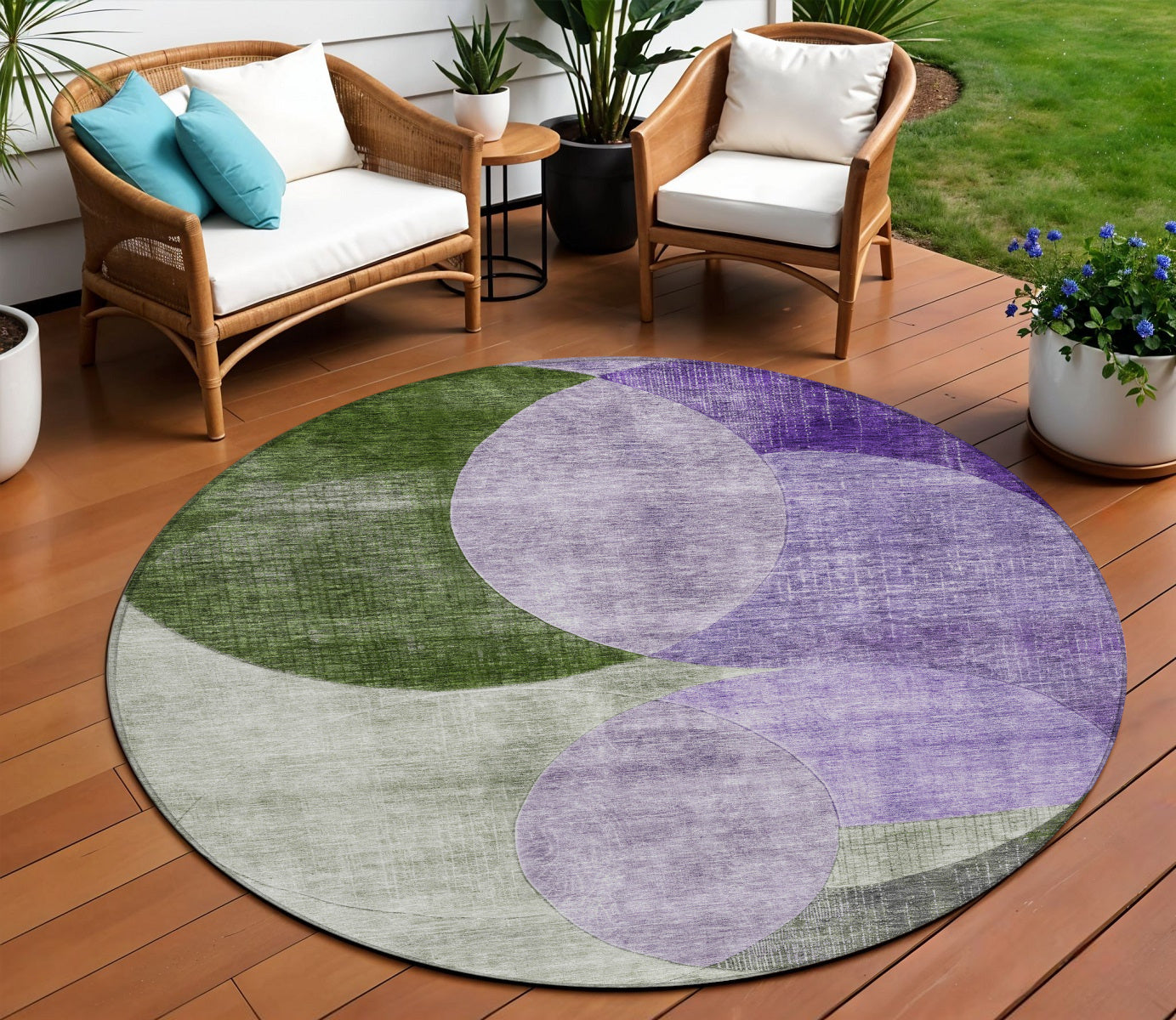 8 Lavender Purple And Green Round Geometric Washable Indoor Outdoor Area Rug