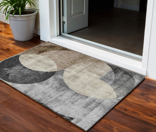 3 X 5 Pewter Brown And Charcoal Geometric Washable Indoor Outdoor Area Rug