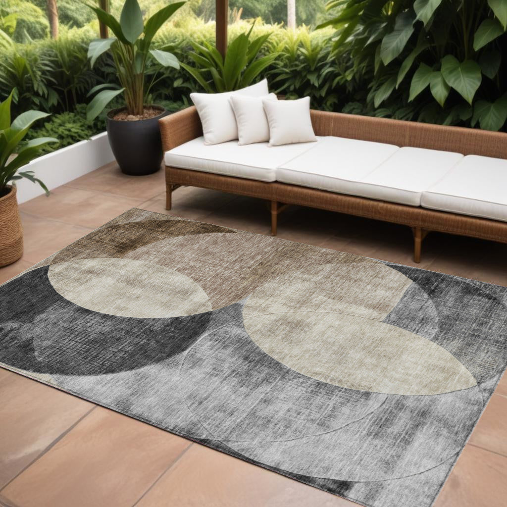 8 X 10 Pewter Brown And Charcoal Geometric Washable Indoor Outdoor Area Rug