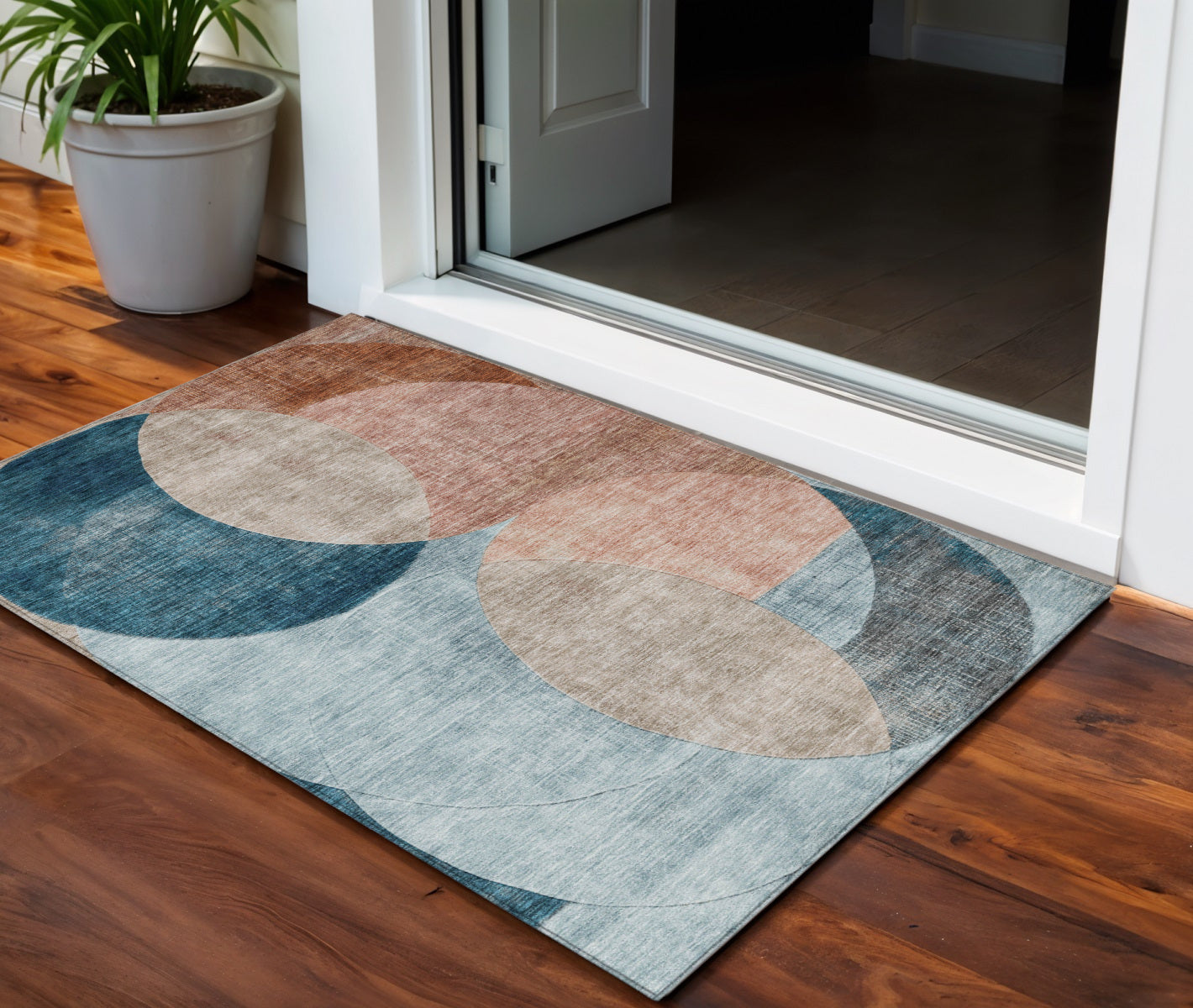 3 X 5 Rust Beige And Teal Blue Geometric Washable Indoor Outdoor Area Rug