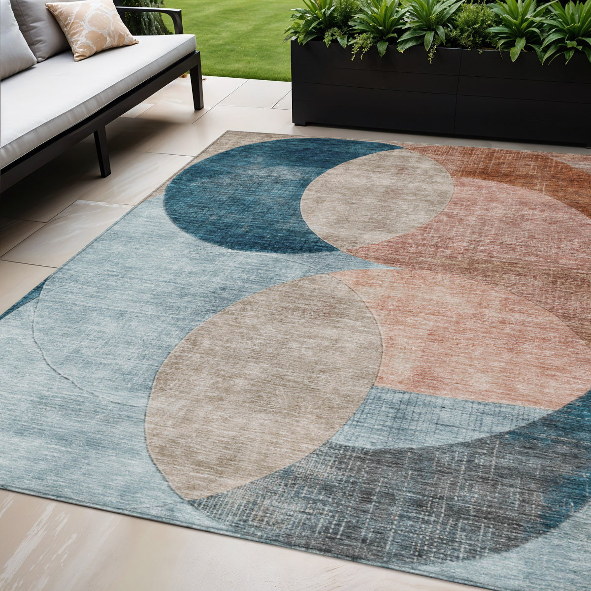 5 X 8 Rust Beige And Teal Blue Geometric Washable Indoor Outdoor Area Rug