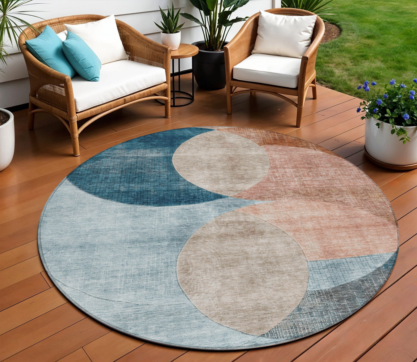 8 Rust Beige And Teal Blue Round Geometric Washable Indoor Outdoor Area Rug