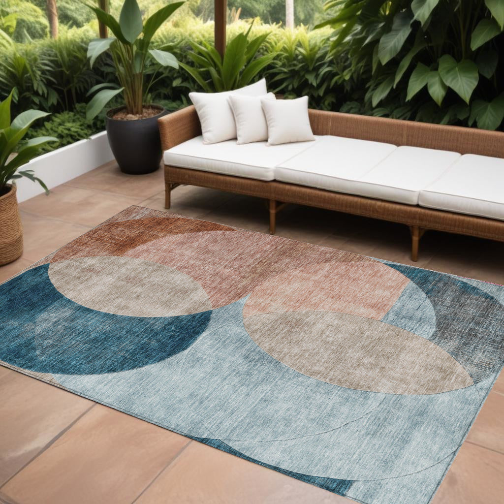 10 X 14 Rust Beige And Teal Blue Geometric Washable Indoor Outdoor Area Rug