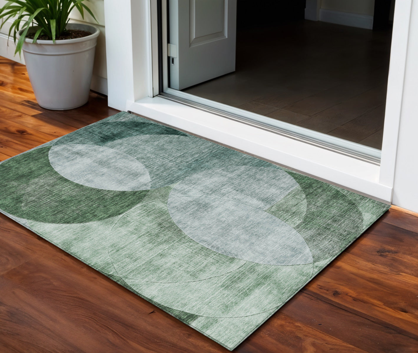 3 X 5 Mint Green And Fern Green Geometric Washable Indoor Outdoor Area Rug