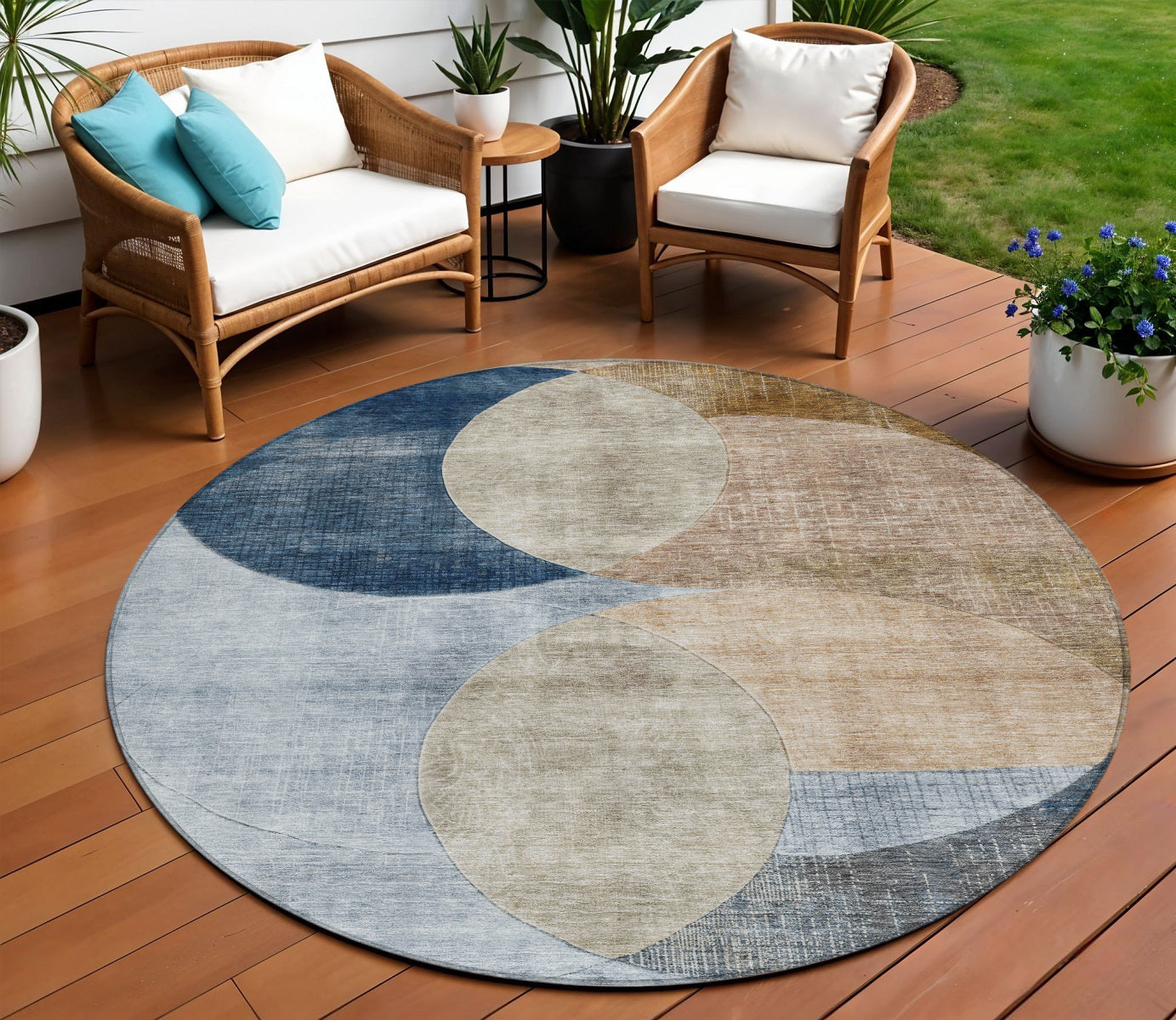 8 Sky Blue Brown And Beige Round Geometric Washable Indoor Outdoor Area Rug