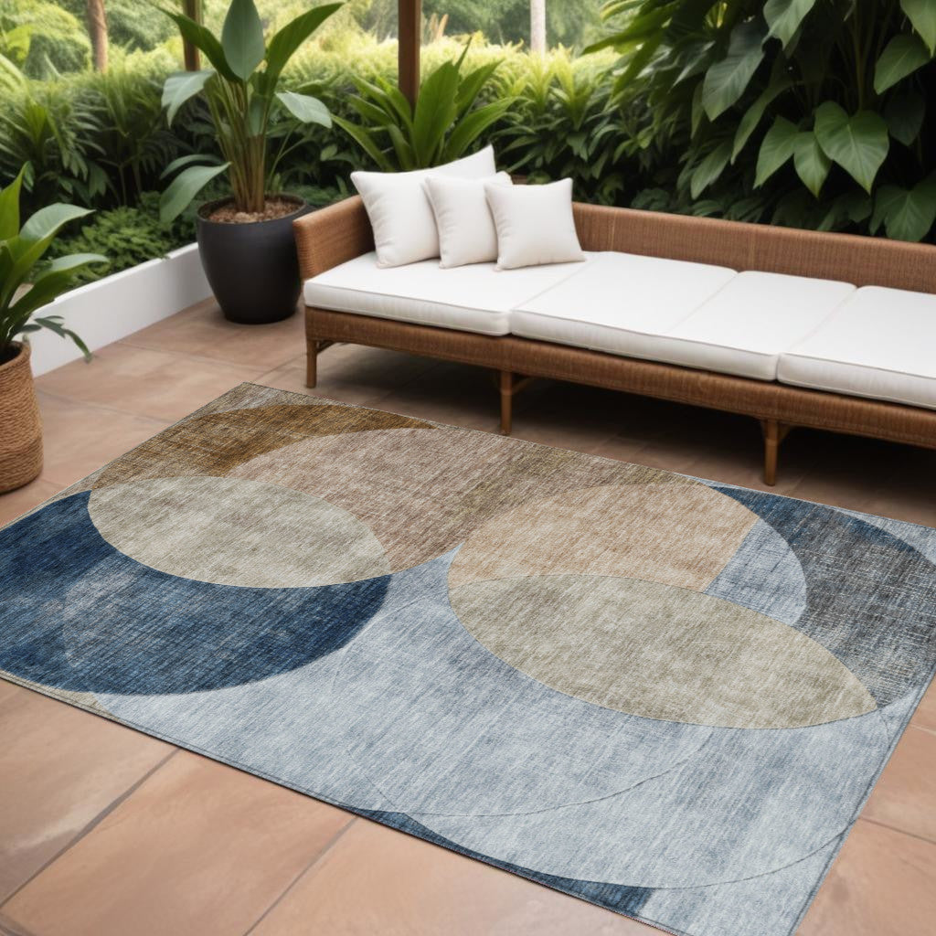 8 X 10 Sky Blue Brown And Beige Geometric Washable Indoor Outdoor Area Rug