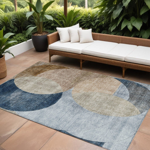 10 X 14 Sky Blue Brown And Beige Geometric Washable Indoor Outdoor Area Rug