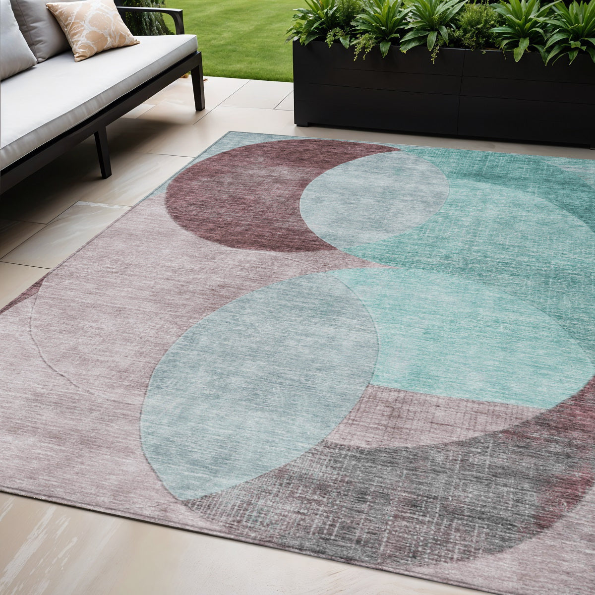 5 X 8 Teal Blue Brown And Beige Geometric Washable Indoor Outdoor Area Rug