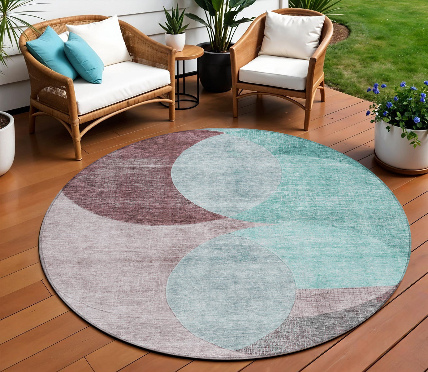 8 Teal Blue Brown And Beige Round Geometric Washable Indoor Outdoor Area Rug