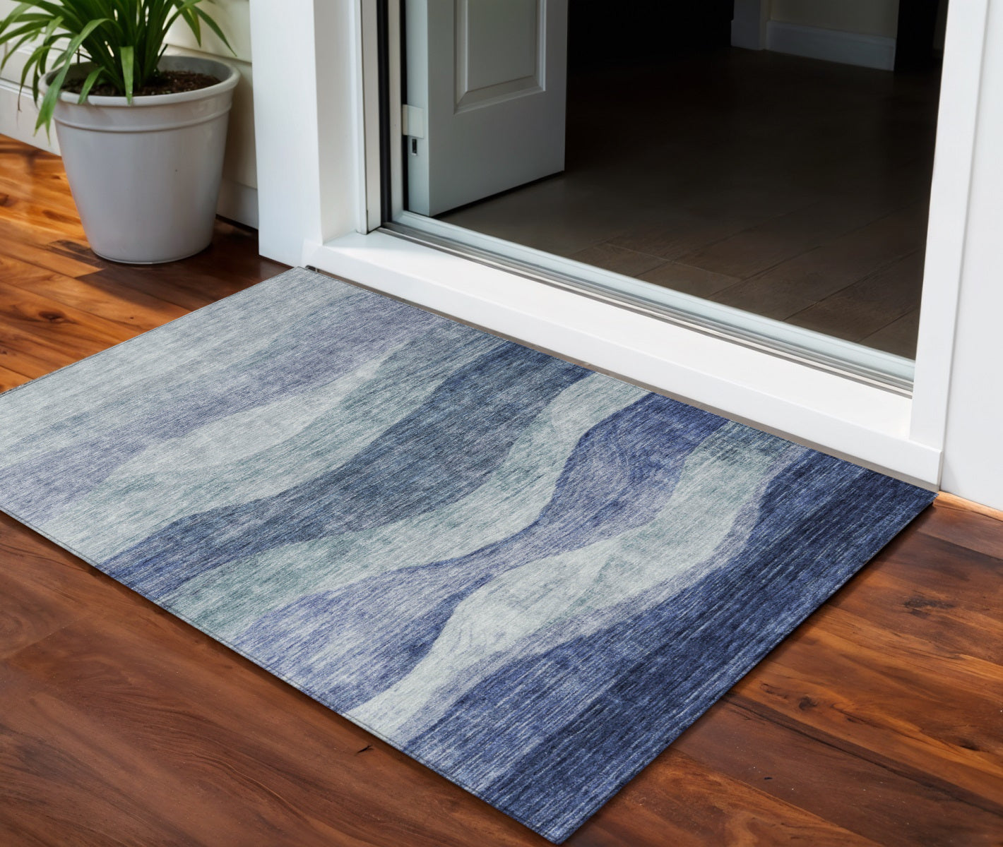 3 X 5 Light Blue And Dark Blue Abstract Washable Indoor Outdoor Area Rug