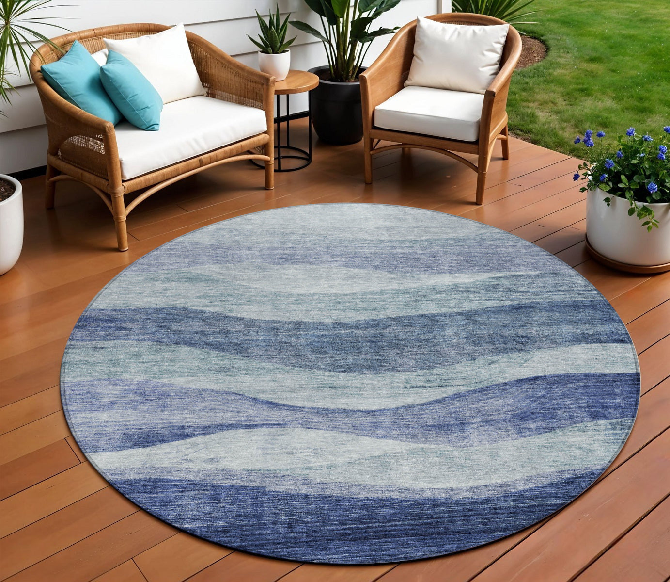 8 Light Blue And Dark Blue Round Abstract Washable Indoor Outdoor Area Rug