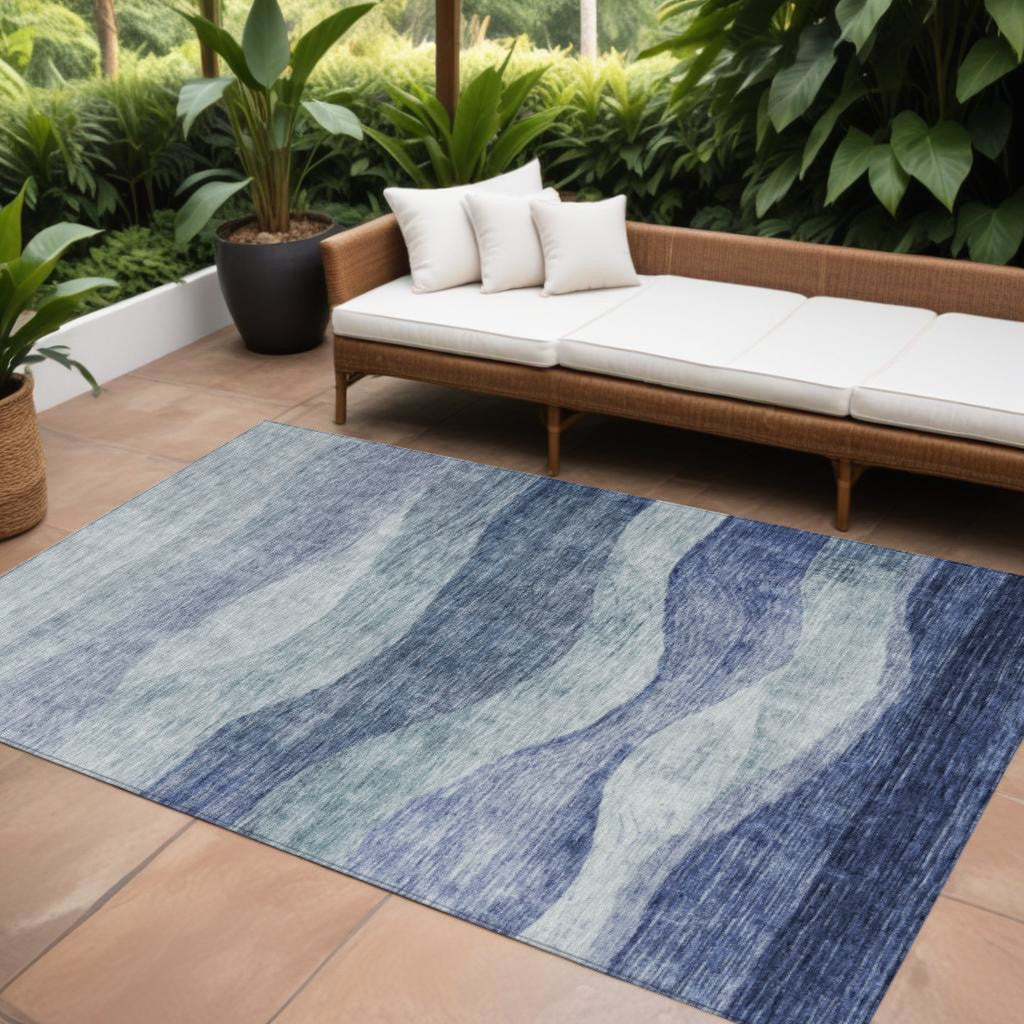 9 X 12 Light Blue And Dark Blue Abstract Washable Indoor Outdoor Area Rug
