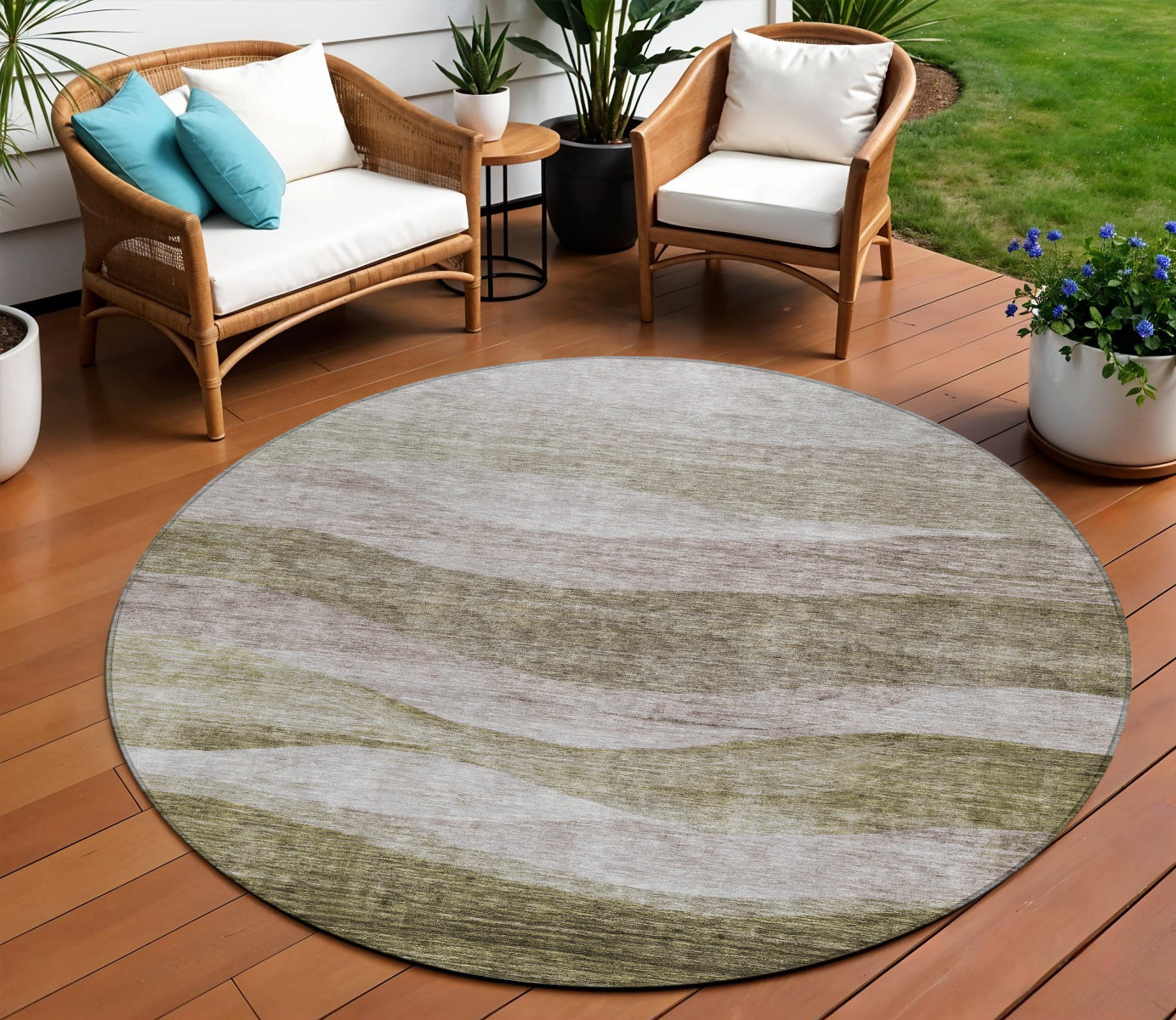 8 Taupe And Beige Round Abstract Washable Indoor Outdoor Area Rug
