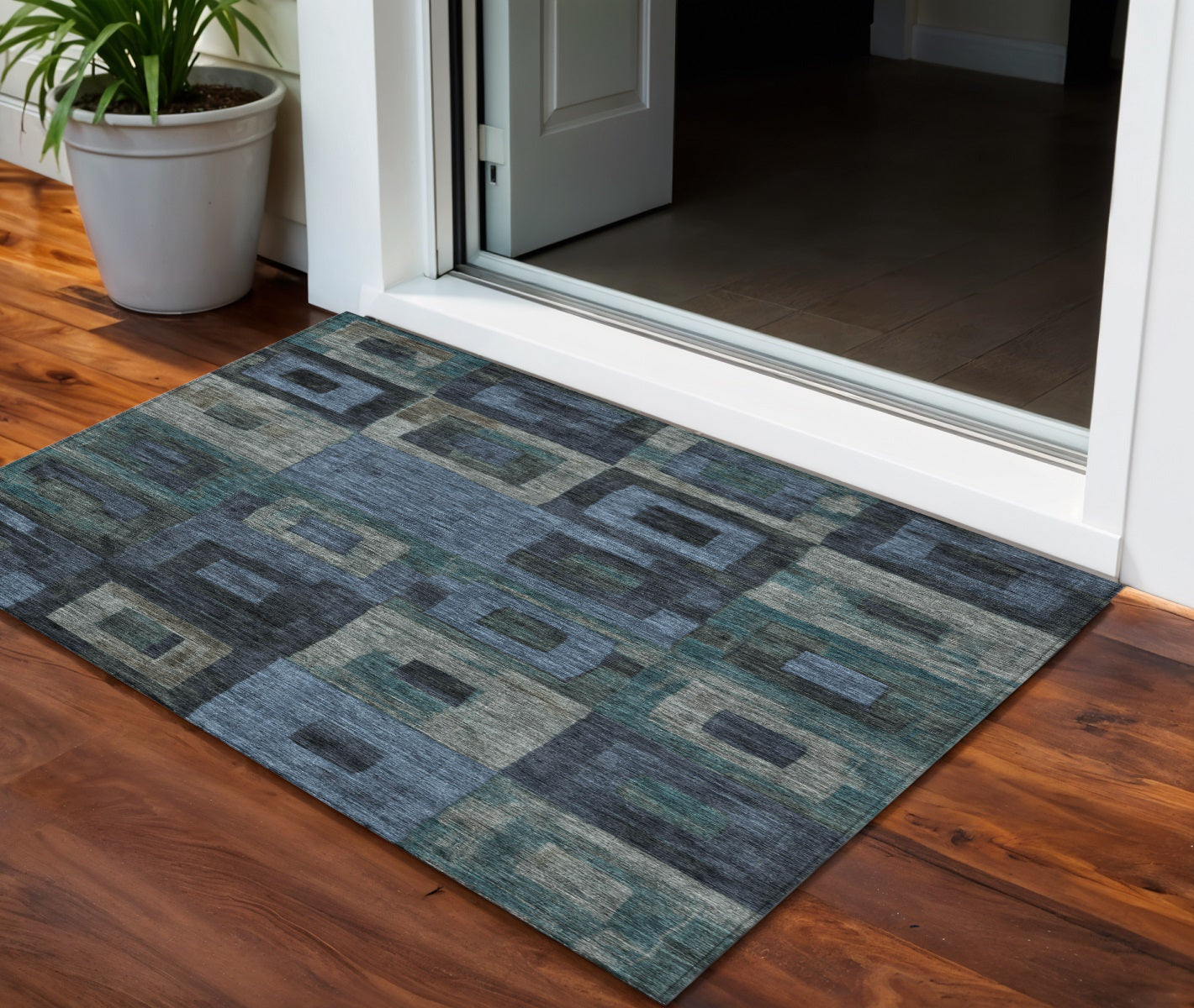 3 X 5 Blue Gray And Charcoal Geometric Washable Indoor Outdoor Area Rug