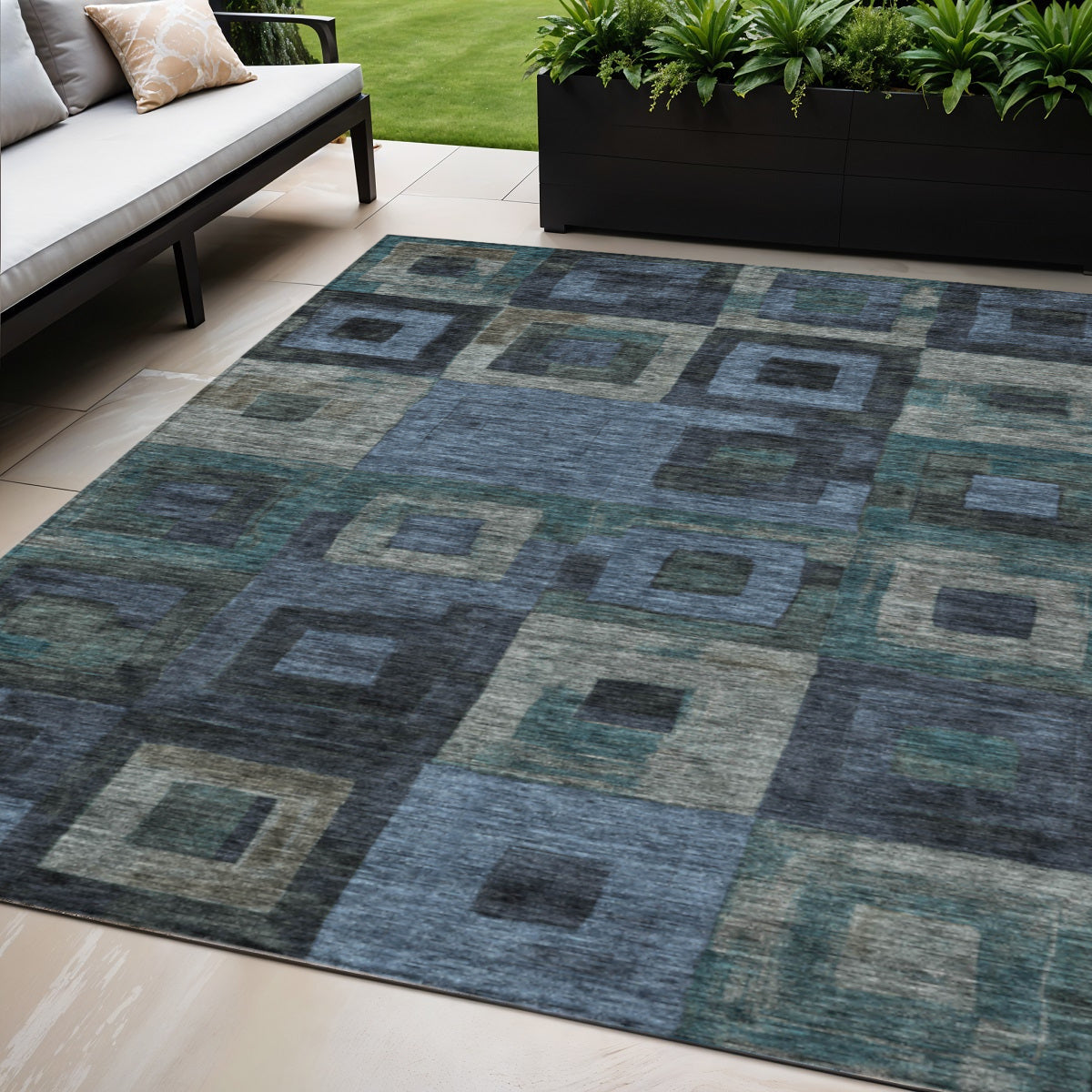 5 X 8 Blue Gray And Charcoal Geometric Washable Indoor Outdoor Area Rug