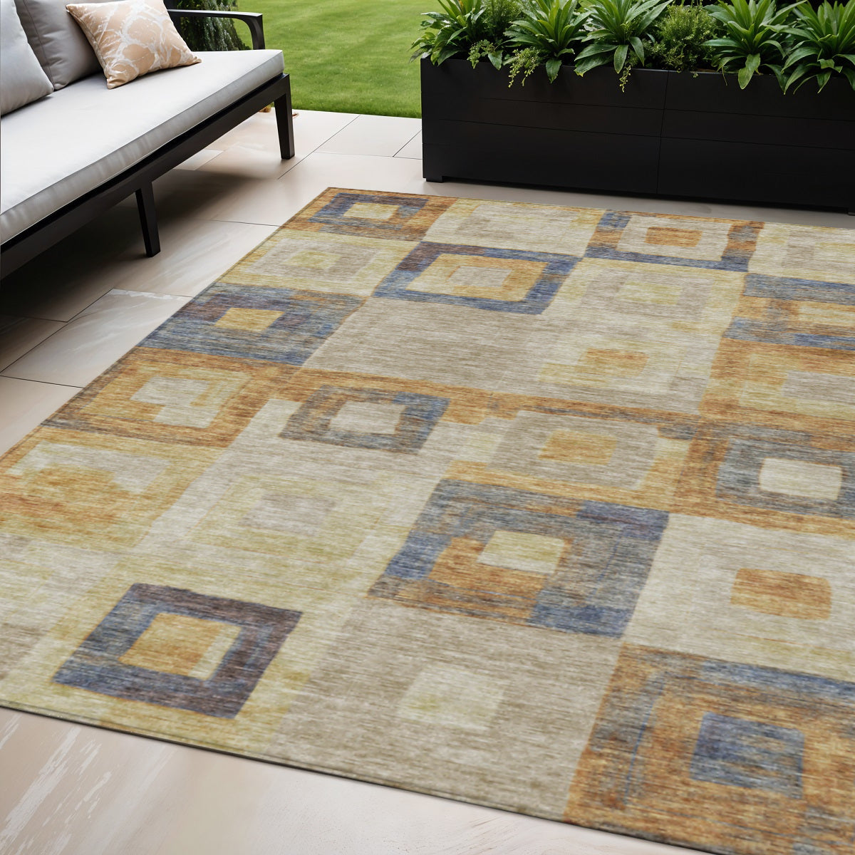 5 X 8 Linen Blue And Copper Geometric Washable Indoor Outdoor Area Rug