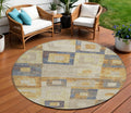 8 Linen Blue And Copper Round Geometric Washable Indoor Outdoor Area Rug