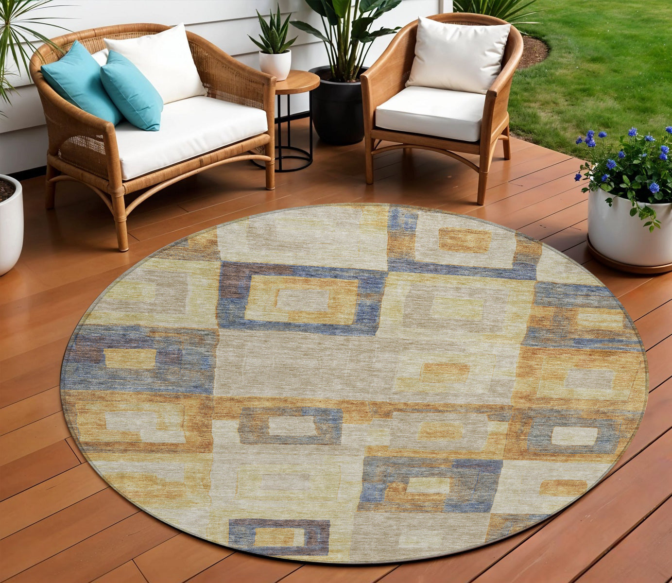 8 Linen Blue And Copper Round Geometric Washable Indoor Outdoor Area Rug